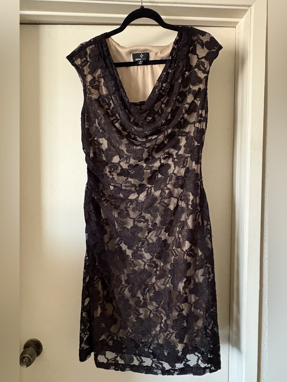 Ronni Nicole Black Lace Cowl Neck Ruched Sheath Dress Nude Lining Size 14
